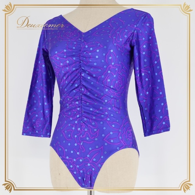 バレエ 衣装 レオタード ブルー系 チャコット Chacott トップス 花柄 水玉 ドット柄 社交ダンス レッスン 練習 伸縮 かわいい 鮮やか 華やか 七分袖 パープル系