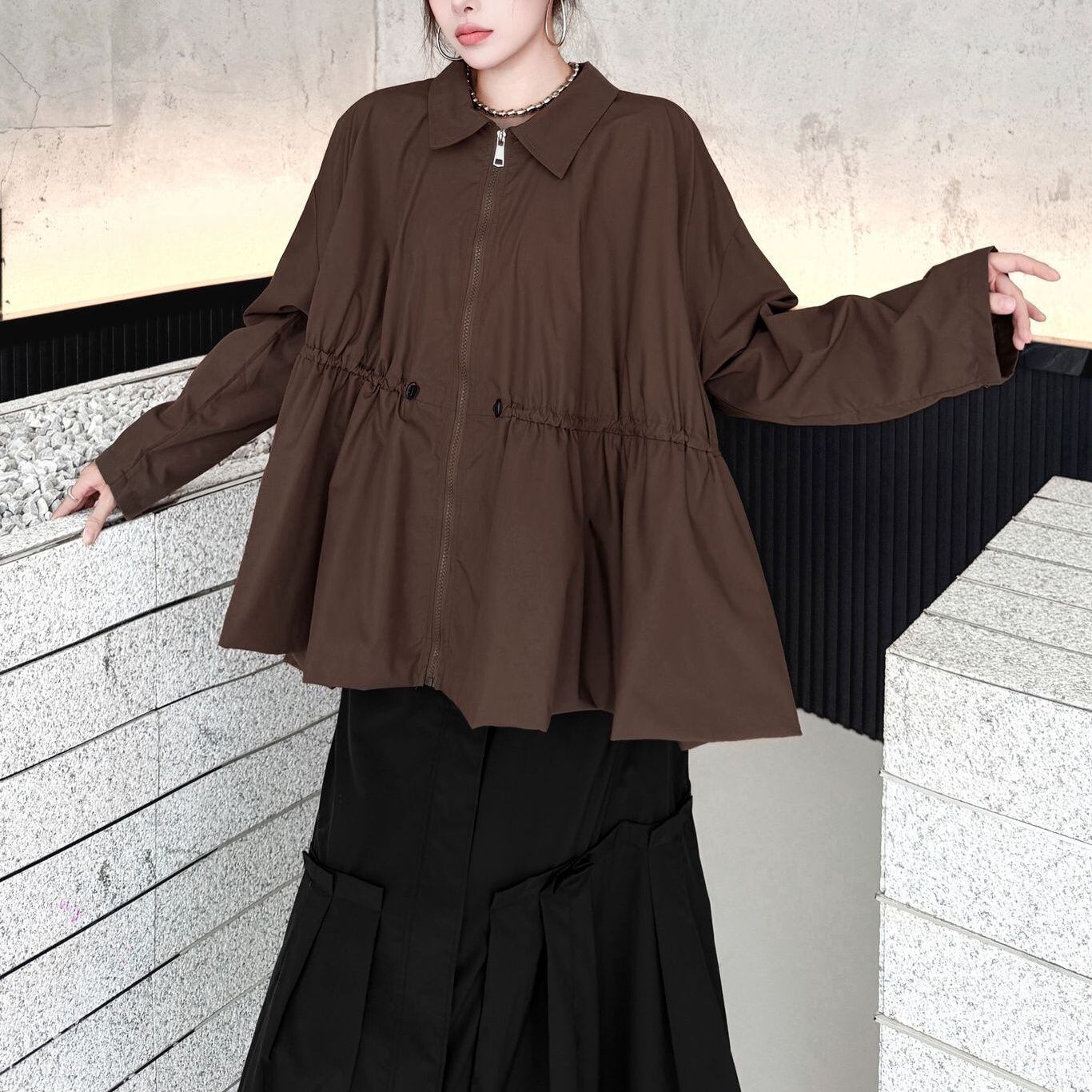 DRAWSTRING PLEATED ZIPPER RELAXED COLLAR JACKET M-18590