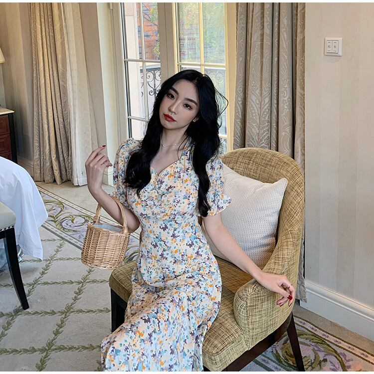 おしゃれマスターの着こなし 韓国ファッション Vネック スプリット セクシー 壊れた花 シフォン