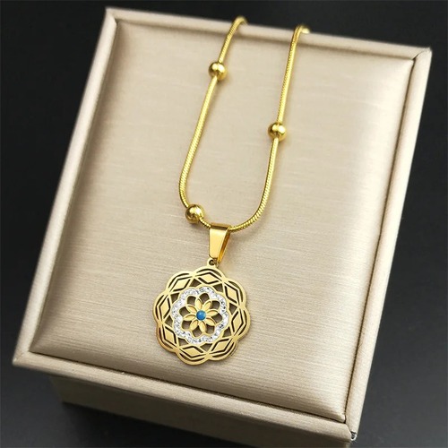 ペンダント ネックレス  花 フラワー ステンレス ビンテージ ゴールド チェーン レディース エスニック ヨガ BOHO