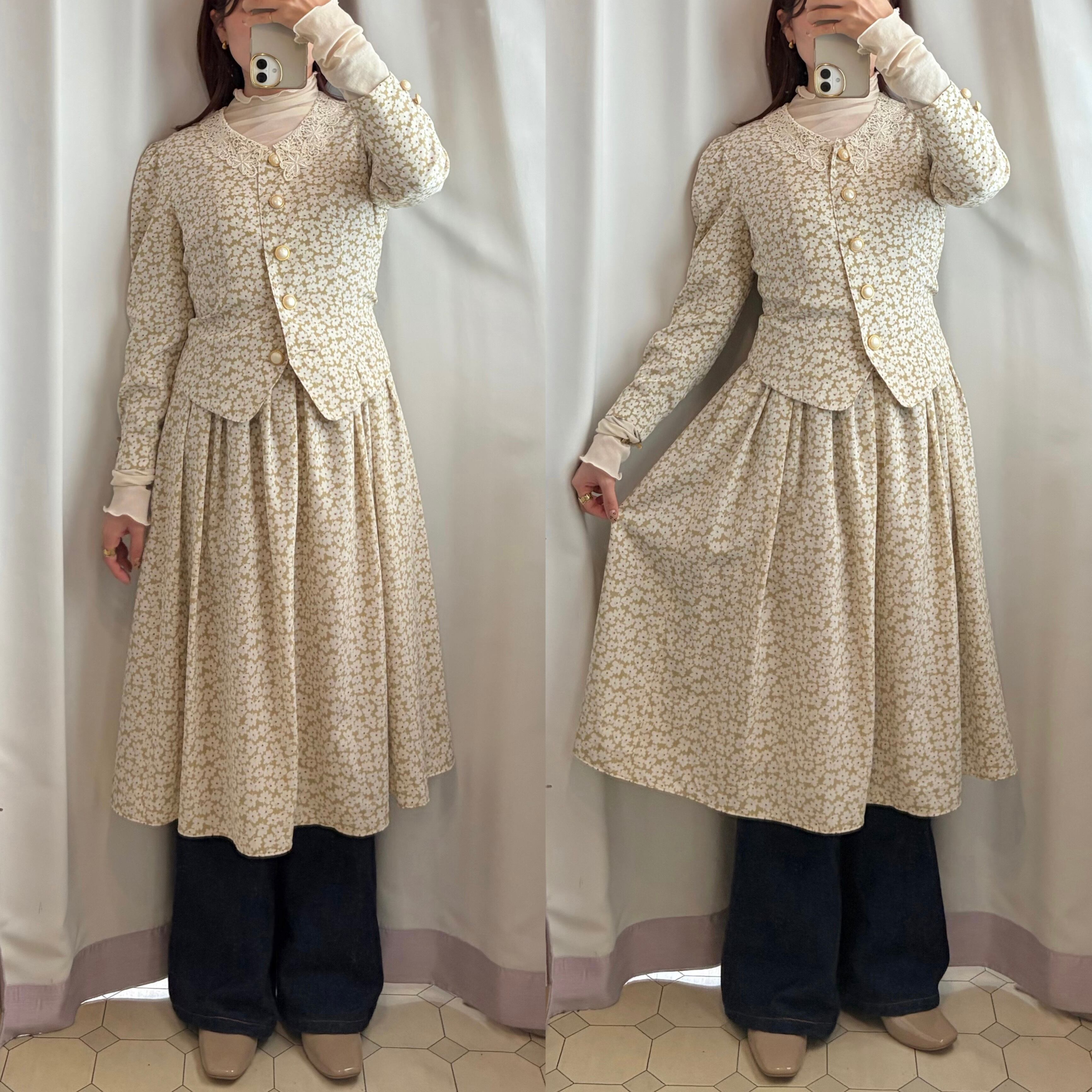 Lace Collar Floral Layered Dress〈レトロ古着 レース襟 花柄