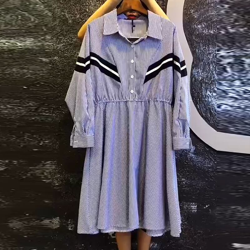 ストライプドレス、ラージサイズ、ウエスタン気質、年齢制限、2020年秋、新作ラージサイズレディースドレス、ラペル、スリムロングスカート ミックスインファッション87017320316