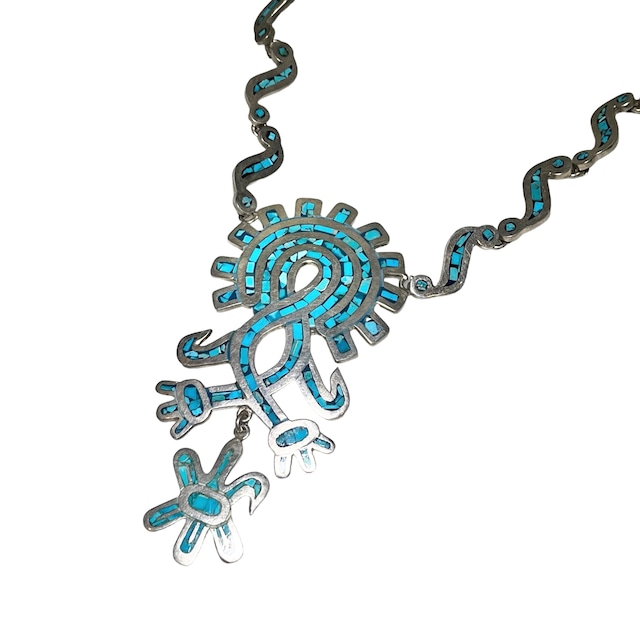 mexican heavy gauge silver abstract chain necklace set with turquoise