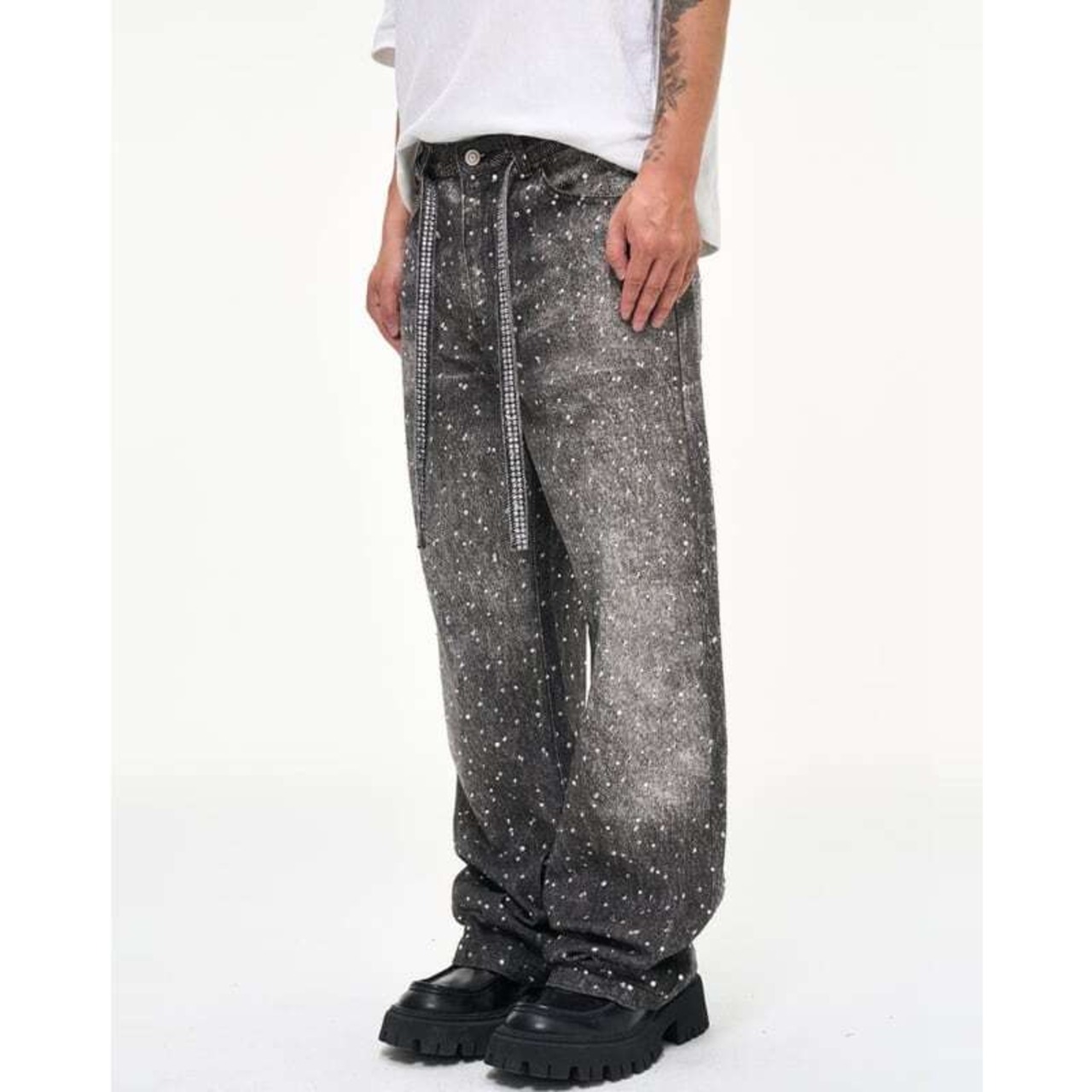 rhinestone wide  black denim - 8