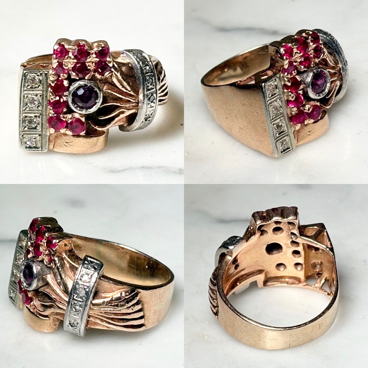 vintage c1940 12ct gold cocktail ring set with ruby & diamonds