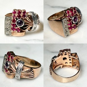 vintage c1940 12ct gold cocktail ring set with ruby & diamonds
