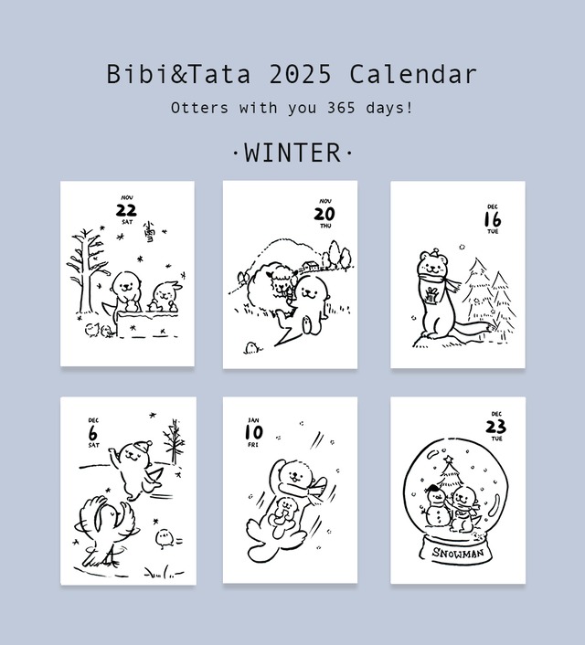 Shineイラストカワウソ＆カピバラ動物2025年カレンダー ミニ日付塗り絵卓上カレンダー
