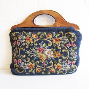 Vintage wooden handle flower design needlepoint handbag