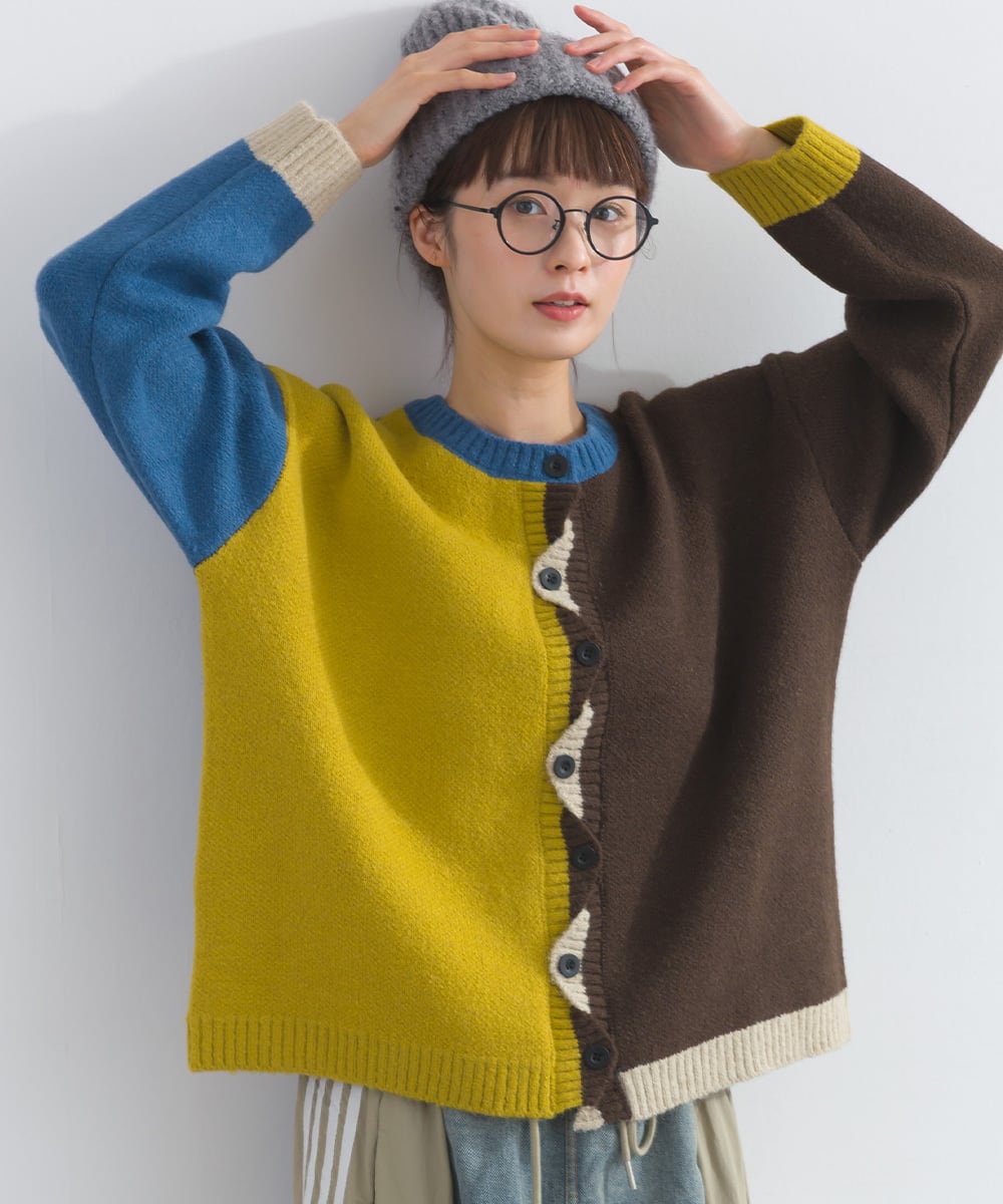 D54040 なみなみ前立ニットクルーカーディガン / Wavy Placket Knit