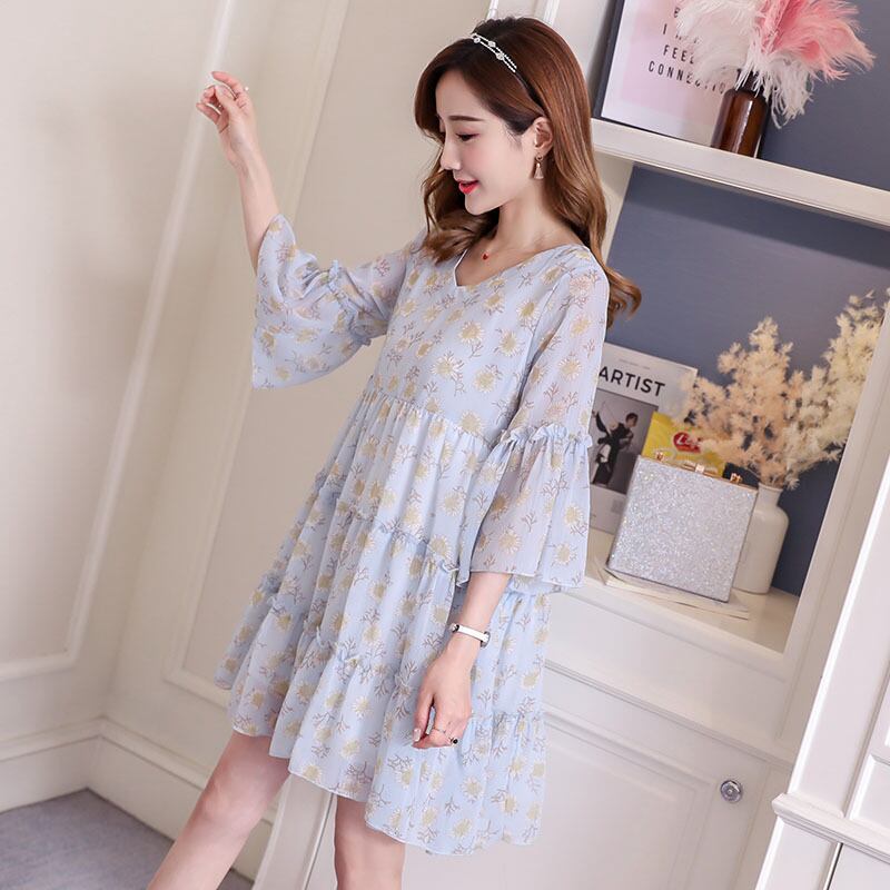 【新作】【送料無料】 マタニティドレス2020夏の新しいシフォンフラワーVネックドレス小さな新鮮なミドル丈ドレス妊婦-アリババ サマー 夏物 フラワーデザイン expec227522236006