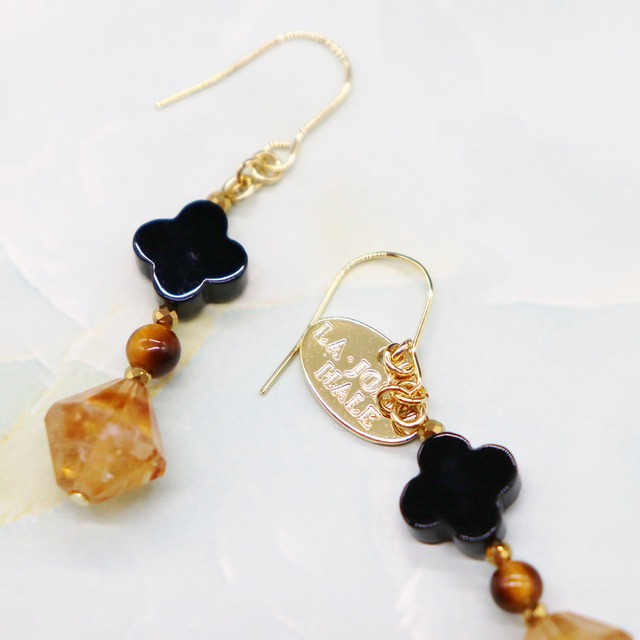 【Like a Honey Candy】シトリン×オニキス×タイガーアイ ピアス