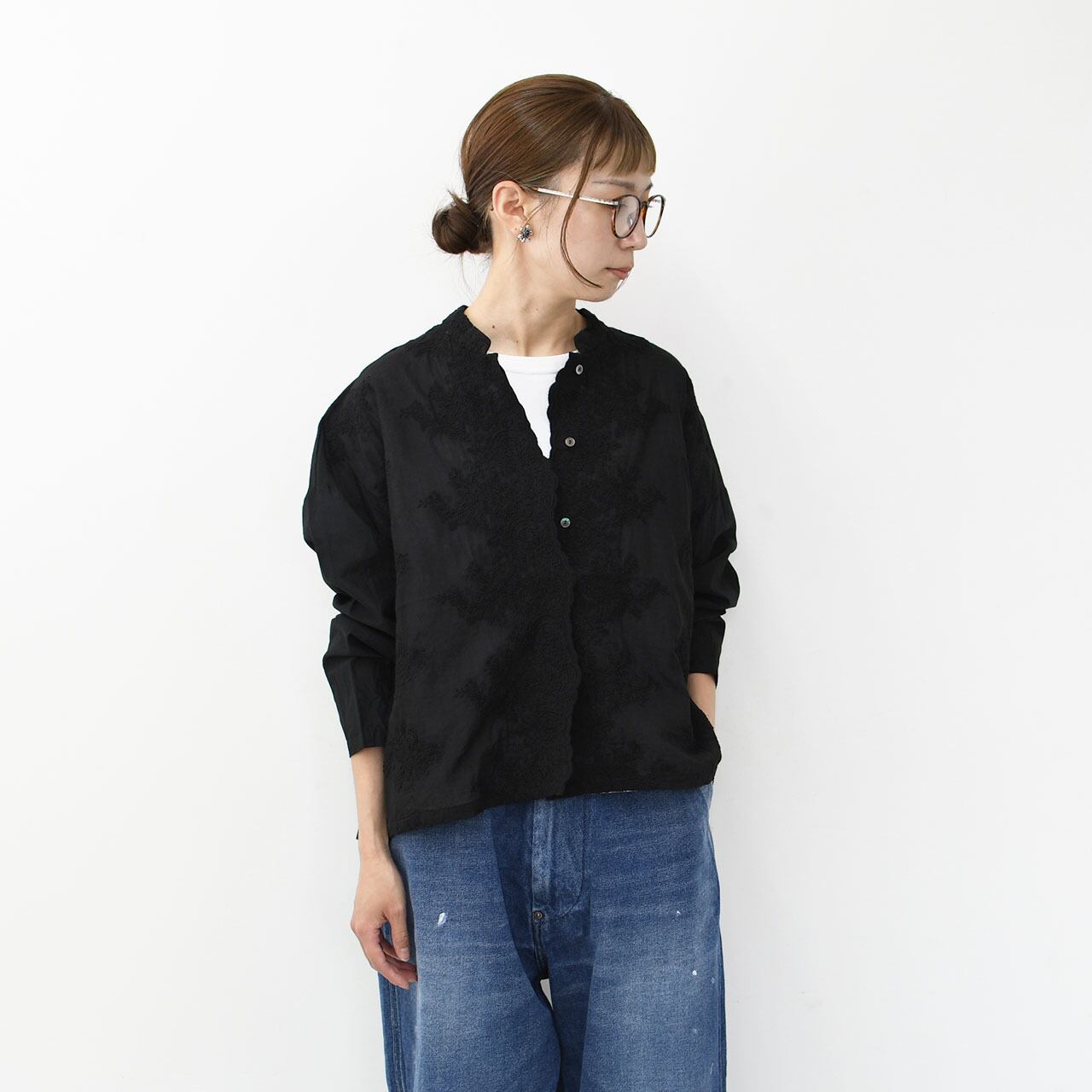 mizuiro ind [ミズイロ インド] lace stand collar wide shirt [1