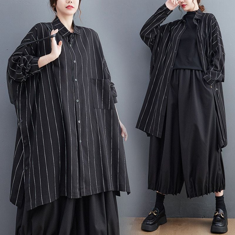 STRIPED OVERSIZED LONG SHIRT DRESS M-18179