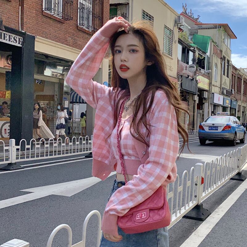 格子柄セーター ジャケット ウィンターサマールーズ長袖スリーブトップス カーディガンセット ロング ピンク 夏物 冬物 YY-ファッション20573641228