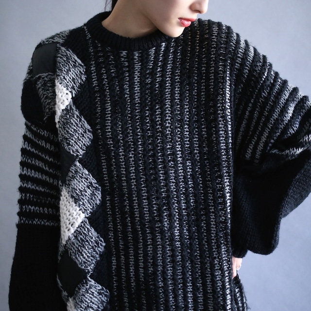 diamond leather patchwork and switching pattern low gauge knit sweater