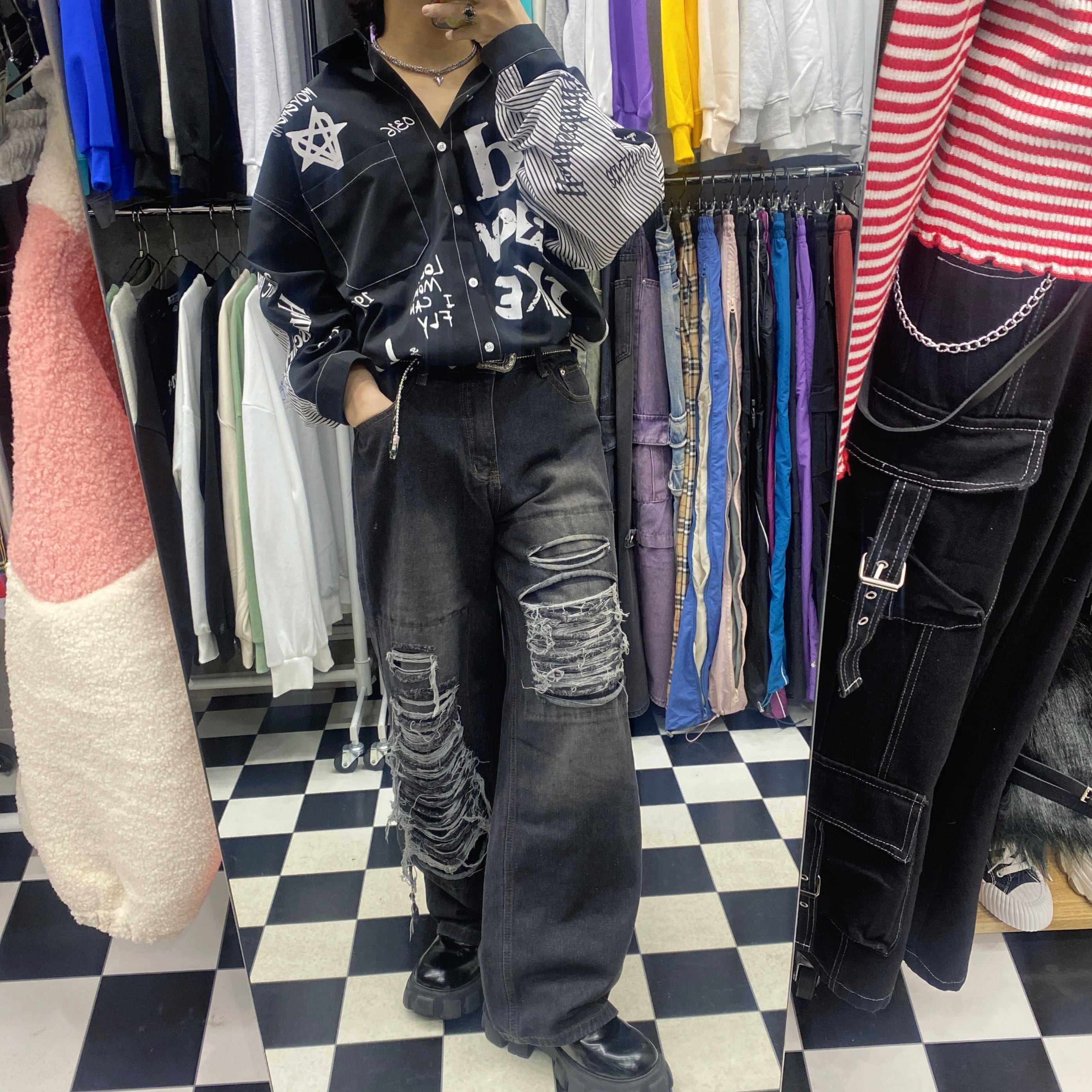 ハードダメージワイドデニムパンツ #2カラー 【ユニセックス/Y2K ハードダメージワイドデニムパンツ #2カラー 【ユニセックス/Y2K
