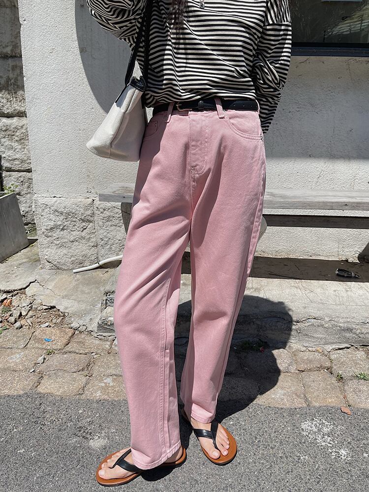 ルーズジーンズ レディースオータムハイウェスト薄手ロングパンツ ピンク 秋物 ビッグFスモールZ韓国60388899667