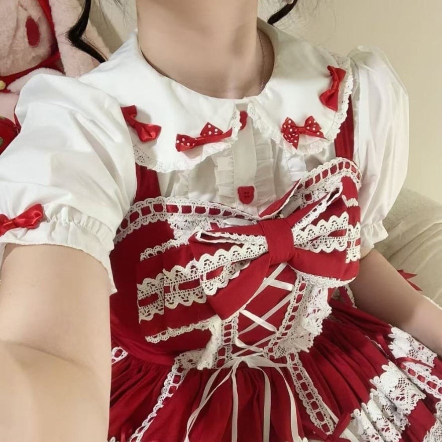 甘ロリ うさ耳丸襟半袖ブラウス リボン春夏お茶会コーデ | ロリータ