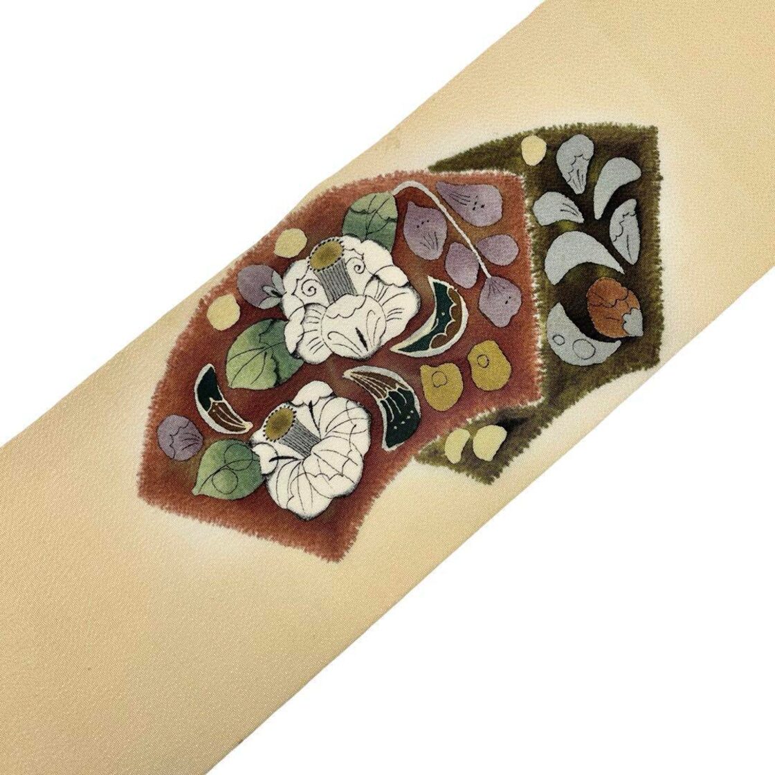 名古屋帯 手描き 地紙に美しい辻が花模様 薄卵色 縮緬 O-3878 