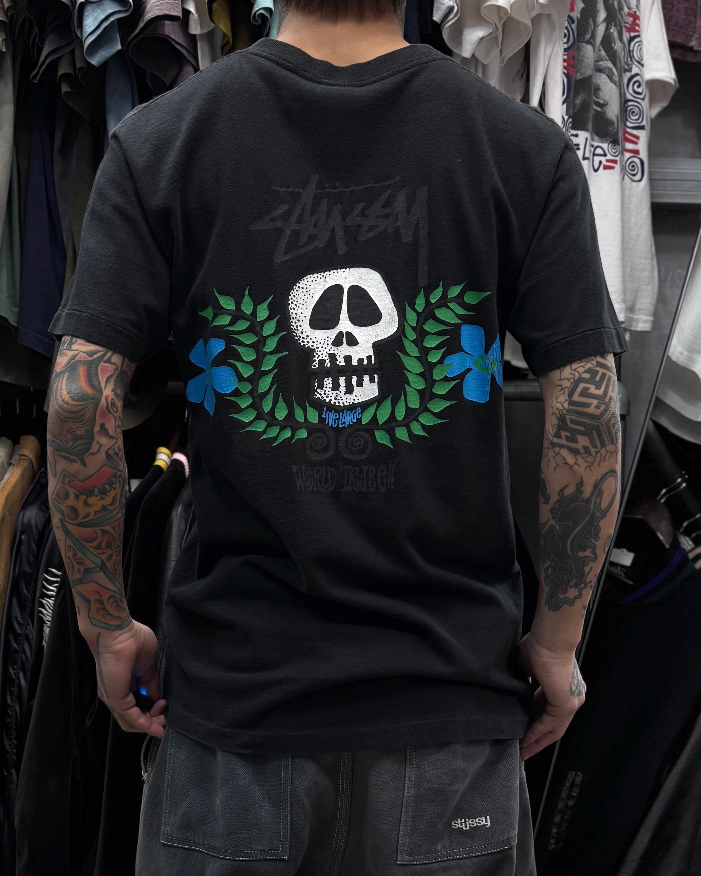 90's old stussy Skull Flower Design Tee “黒タグ” “スカルフラワー