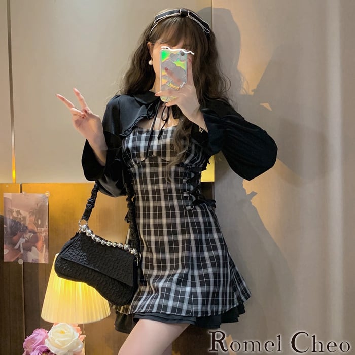 【お支払い確認後20日以内発送】RomelCheo ボレロ付チェックミニワンピース ノースリーブワンピース ミニワンピ チェックワンピ  サスペンダーワンピ ボレロ 長袖 Aライン フリル ミニ丈 ショート丈 フェミニン レディース モード系 ストリート 原宿系 青文字系 ファッション  ロメルチェオ