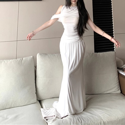 【2点セット】アシメドレープショルダートップス＋スカート ・11239