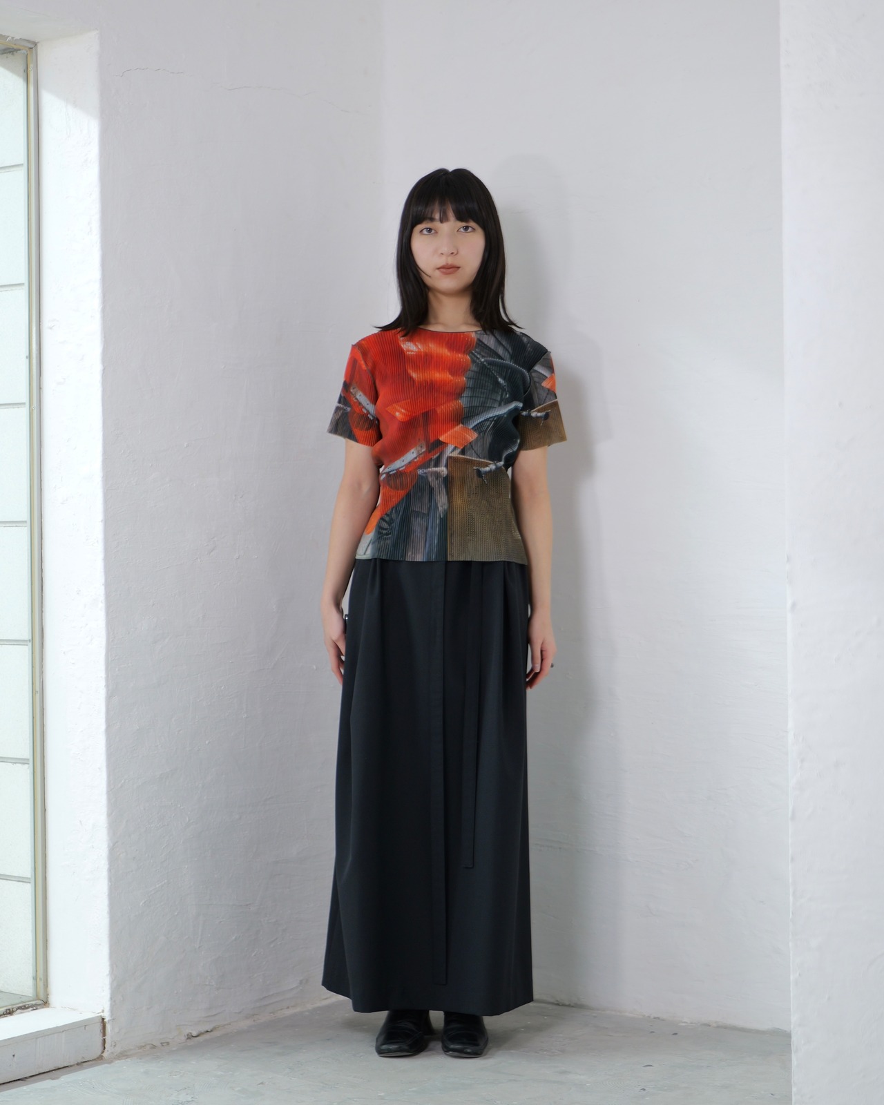 kotohayokozawa - Sheer Graphic Top ：Orange Wave｜工場風景グラフィック／軽やかなシアー