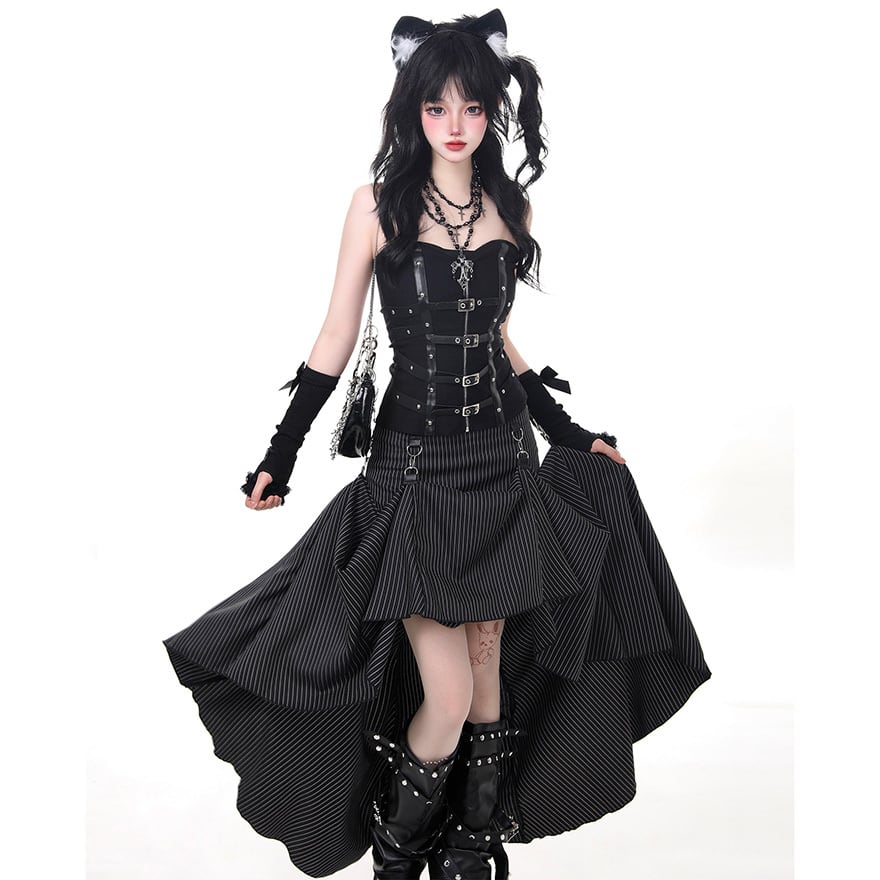 パンク コルセットトップス バックル×スタッズ レザー風ブラック