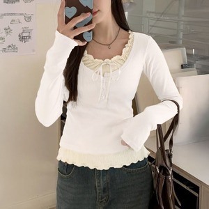 カップ付き レイヤード風 Tシャツ レディース 春秋 韓国 おしゃれ 大人 かわいい 長袖 トップス カジュアル 重ね着 フリル リボン 大人可愛い 大人女子