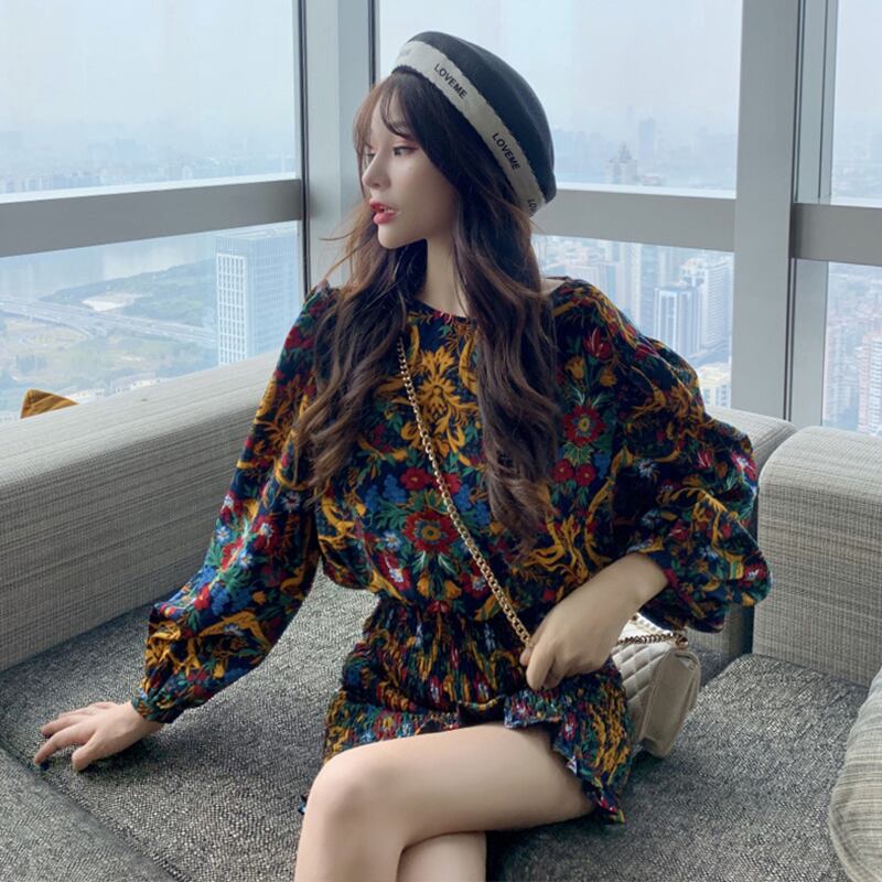 スリーブスプリングオータムフローラルスリムウェストドレス スタンダードハイウェストスカート ランタンスリーブ レトロ 春物 秋物 花柄 萌量不足78847201856