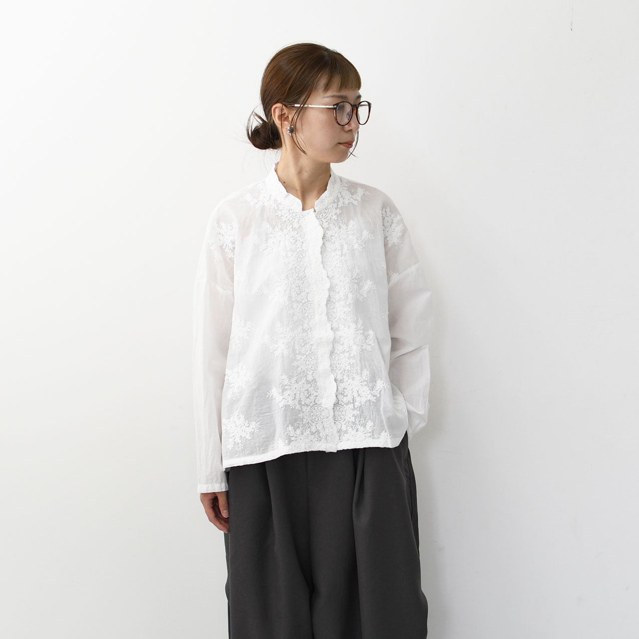 mizuiro ind [ミズイロ インド] lace stand collar wide shirt [1