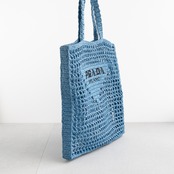 プラダ クロシェ トートバッグ ブルー ラフィア ブラック ロゴ