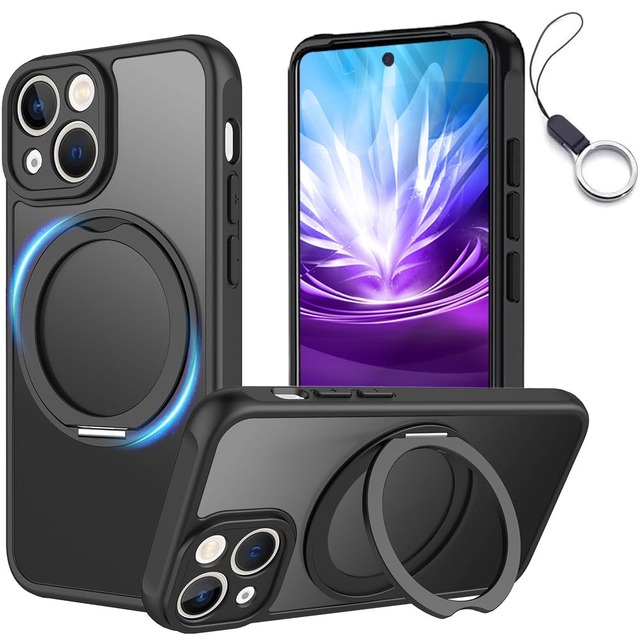 【360°回転スタンド】iPhone 13 Mini ケースMagSafe対応 アイフォン 13ミニ ケース マグネット搭載 スタンド機能360°回転可能【横縦両立/角度自由調整】 カバー 純正 薄型 マット感 指紋防止 耐衝撃 落下防止 車載ホルダー対応 ワイヤレス充電 全面保護(あいほん13 Miniブラック)