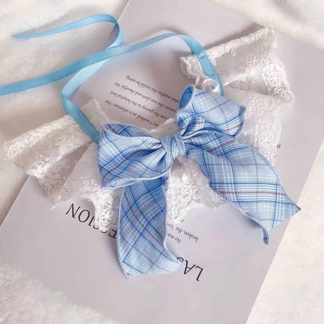 レースチェックリボン<ブルー> エプロン リボン 猫 付け襟