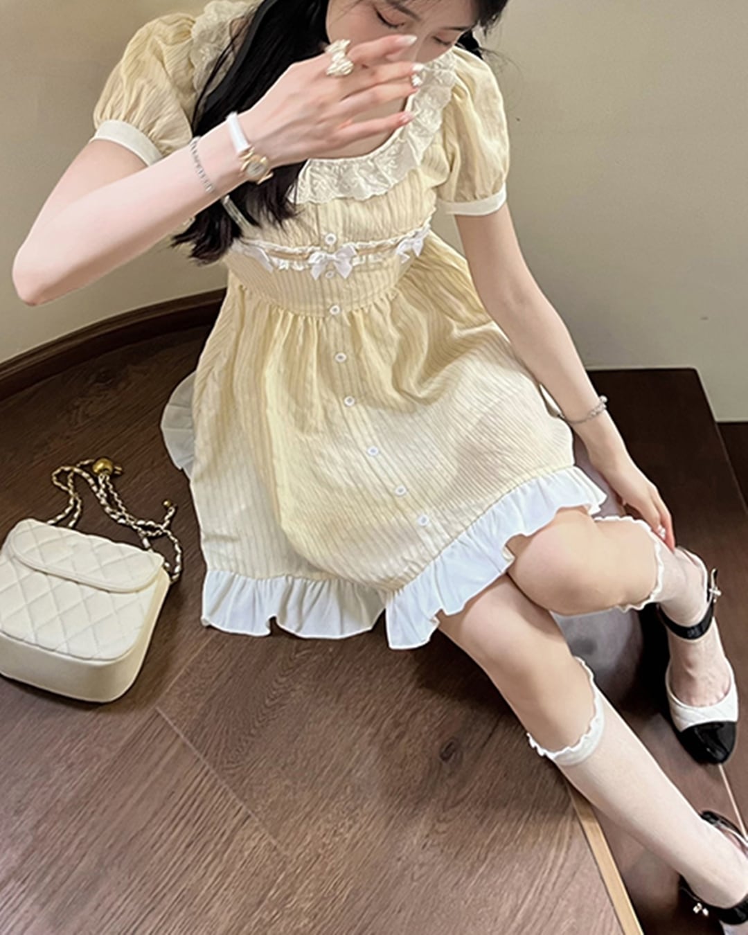 MILK イエローワンピース 優しい風ミルクイエローvネック MILK イエローワンピース 優しい風ミルクイエローvネック