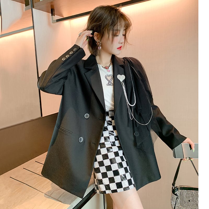 メッシュチェーン ダブルブレストルーズジャケット オータム 秋物 ステッチ MIUCO12239692947