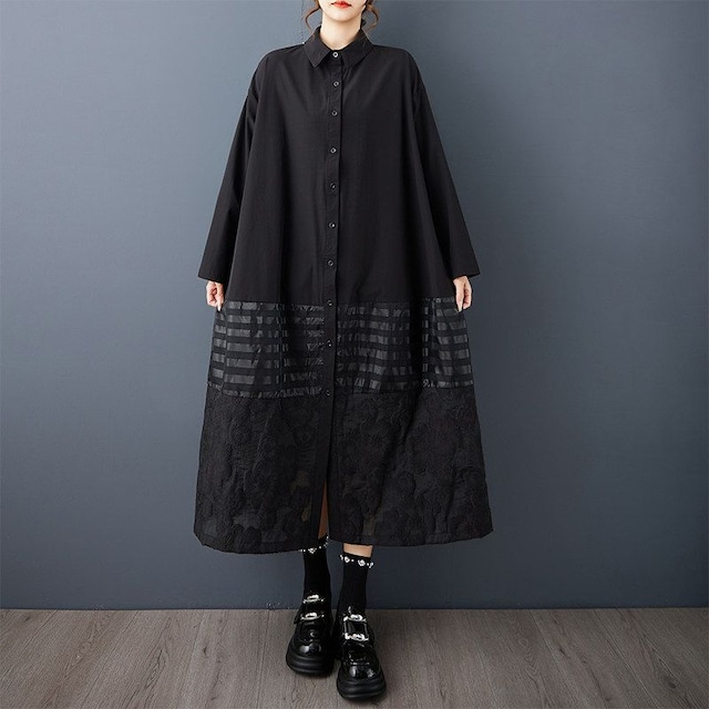 PRINT MESH PANEL LONG SLEEVE MAXI SHIRT DRESS M-18121