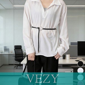 レイヤード風シャツブラウスベルト付き春服 オーバーサイズ 切り替えシャツブラウス Vネックトップス 体型カバー無地トップス 襟付きゆったりブラウス春秋 シャツ VEZY ベジー  ItemNo.【23793678】