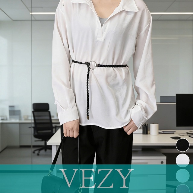 レイヤード風シャツブラウスベルト付き春服 オーバーサイズ 切り替えシャツブラウス Vネックトップス 体型カバー無地トップス 襟付きゆったりブラウス春秋 シャツ VEZY ベジー  ItemNo.【23793678】