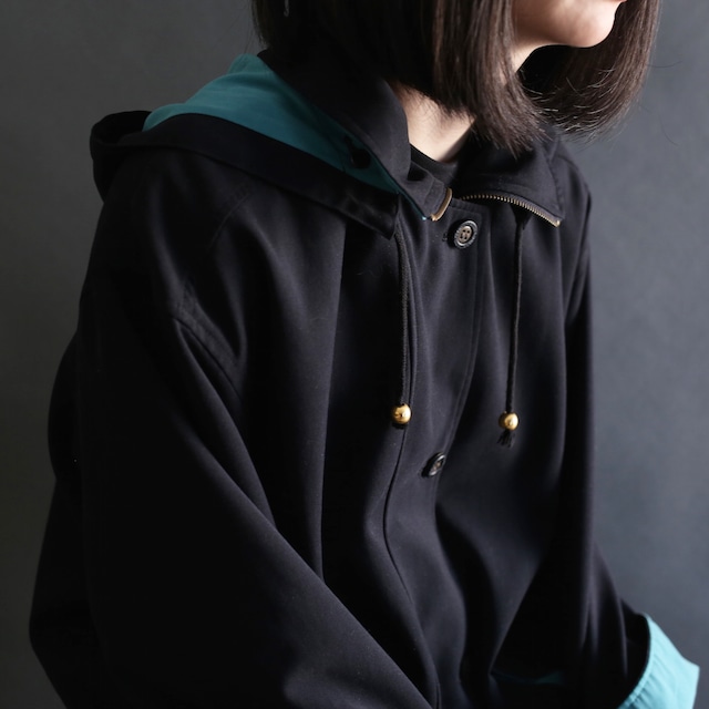 turquoise blue switching design zip-up and button jacket coat  with hooded