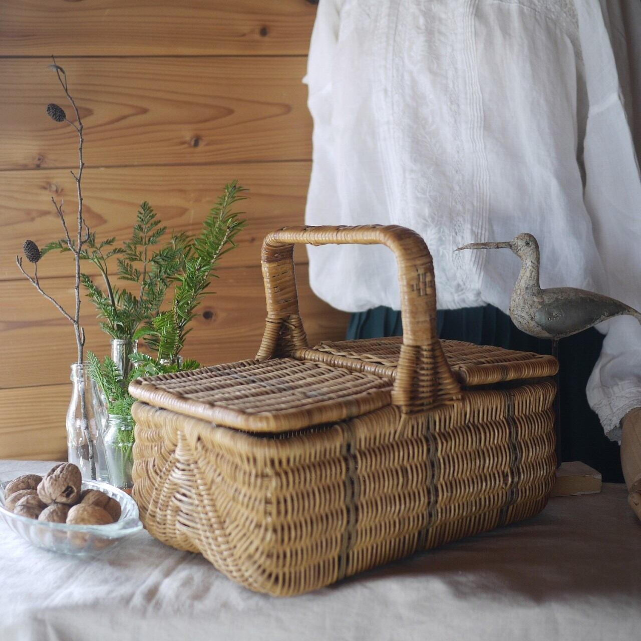 バタフライ籐バスケット ワンハンドルスクエア ドイツ