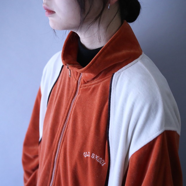 "orange×white" good coloring switching pattern over silhouette velours track jacket