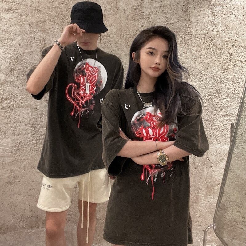 スタンダードプリントTシャツ シャツ サマールーズロング半袖スリーブ ショート レトロ ハーフスリーブ 夏物 ブラックストロベリース88447993982