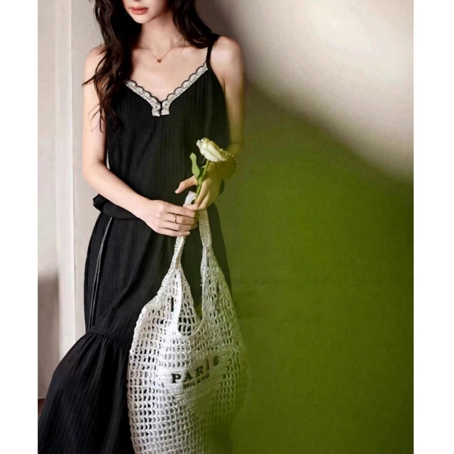 訳ありSALE【M-XL】v-neck lace black camisole one-piece p1519