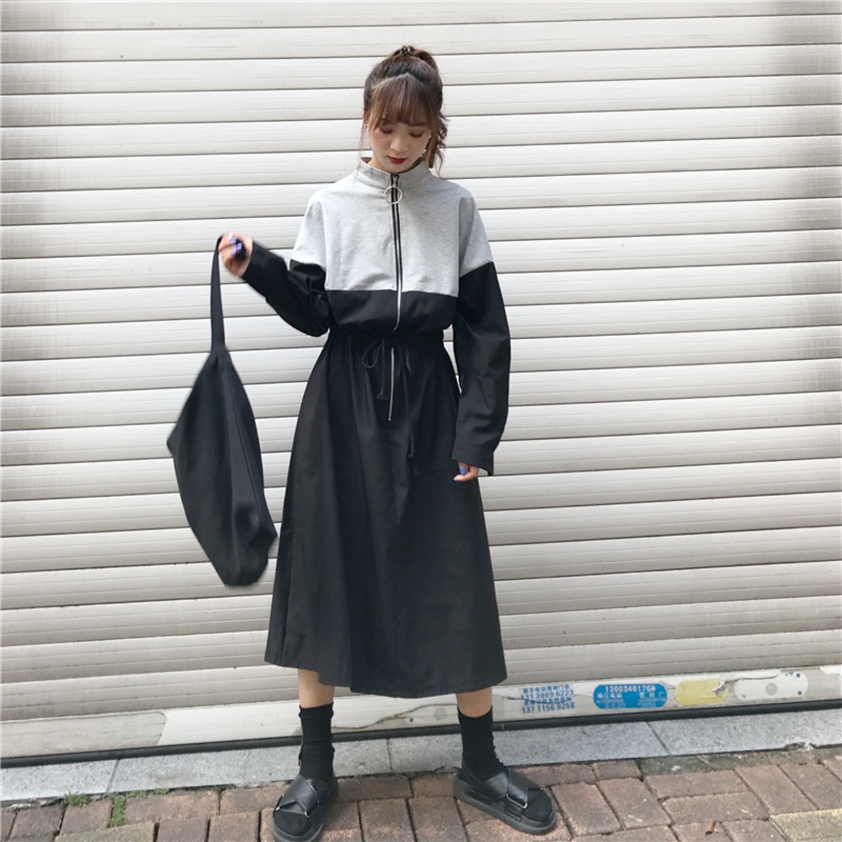 カジュアル スポーティー ハーフジップ 無地 ハイネック バイカラー 長袖 ワンピース 韓国 オルチャン 新作 秋冬 秋 冬 2colors Ut 2 Musubi Me 韓国 オルチャン レディースファッションのお店