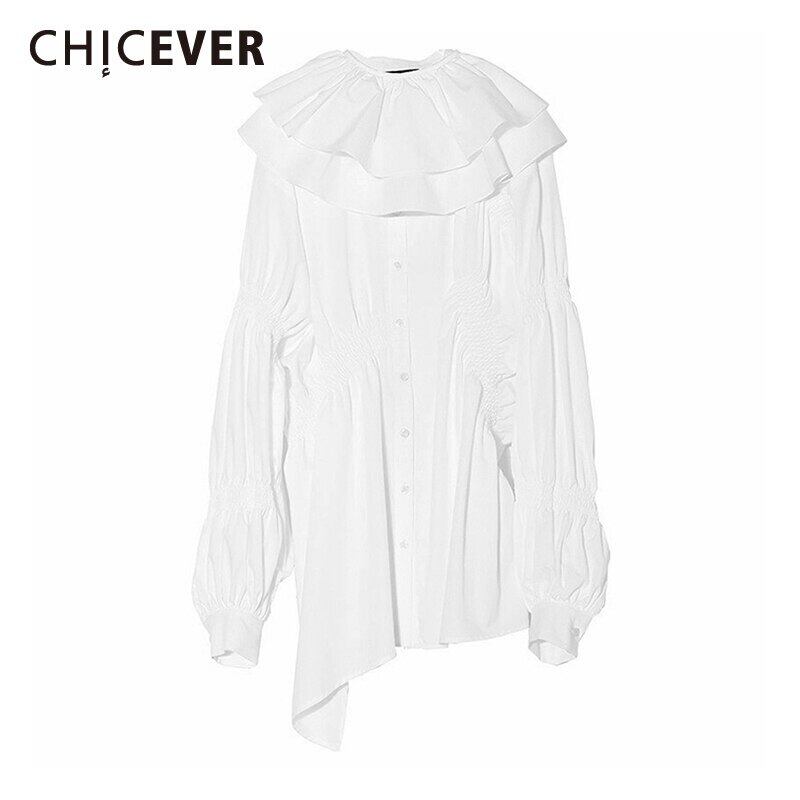 CHICEVERシャーリングシャツ女性フリルカラーランタン長袖ルーズパッチワーク特大ブラウス2020服 ロング 6base516200204075