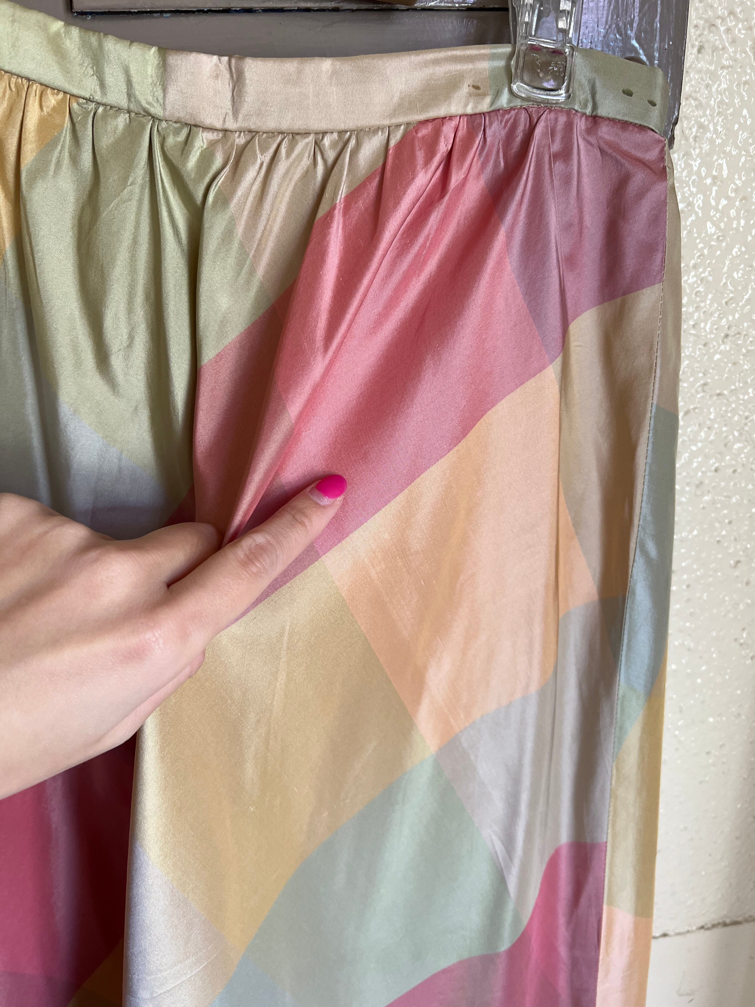 70s Pastel color × block check silk long skirt ( ヴィンテージ