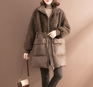 ダウンジャケット ラム ウール ステッチ ミドル丈 セクション 軽くて薄い 冬 おしゃれ きれいめ マザーコート ジッパー 長袖 ストレートタイプ ポケット あったかい 通勤 お出かけ デート OU-006RT