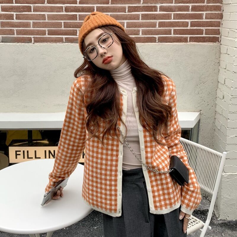 ニットセーター 格子柄カラースリムトップス スプリングスタンダードカーディガンジャケット レトロ 春物 YY-ファッション702977978