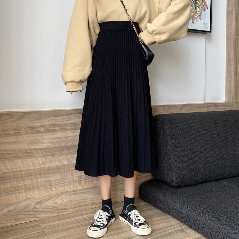ブラックニットスカート オータムウィンタースタイルストレッチハイウェストウェストスリムプリーツ エラスティック 伸縮 秋物 冬物 YY-ファッション72200840864